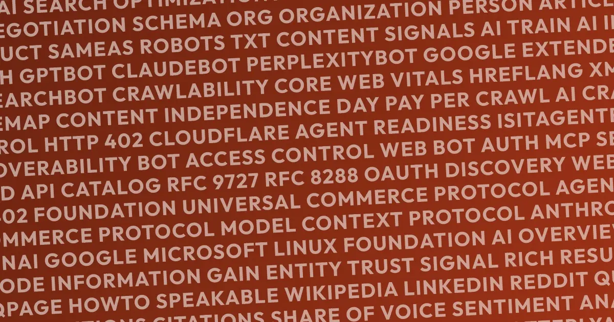 Schlagwörter aus dem Bereich SEO und KI, darunter Schema.org, Crawlability, Core Web Vitals, MCP und Agent Readiness